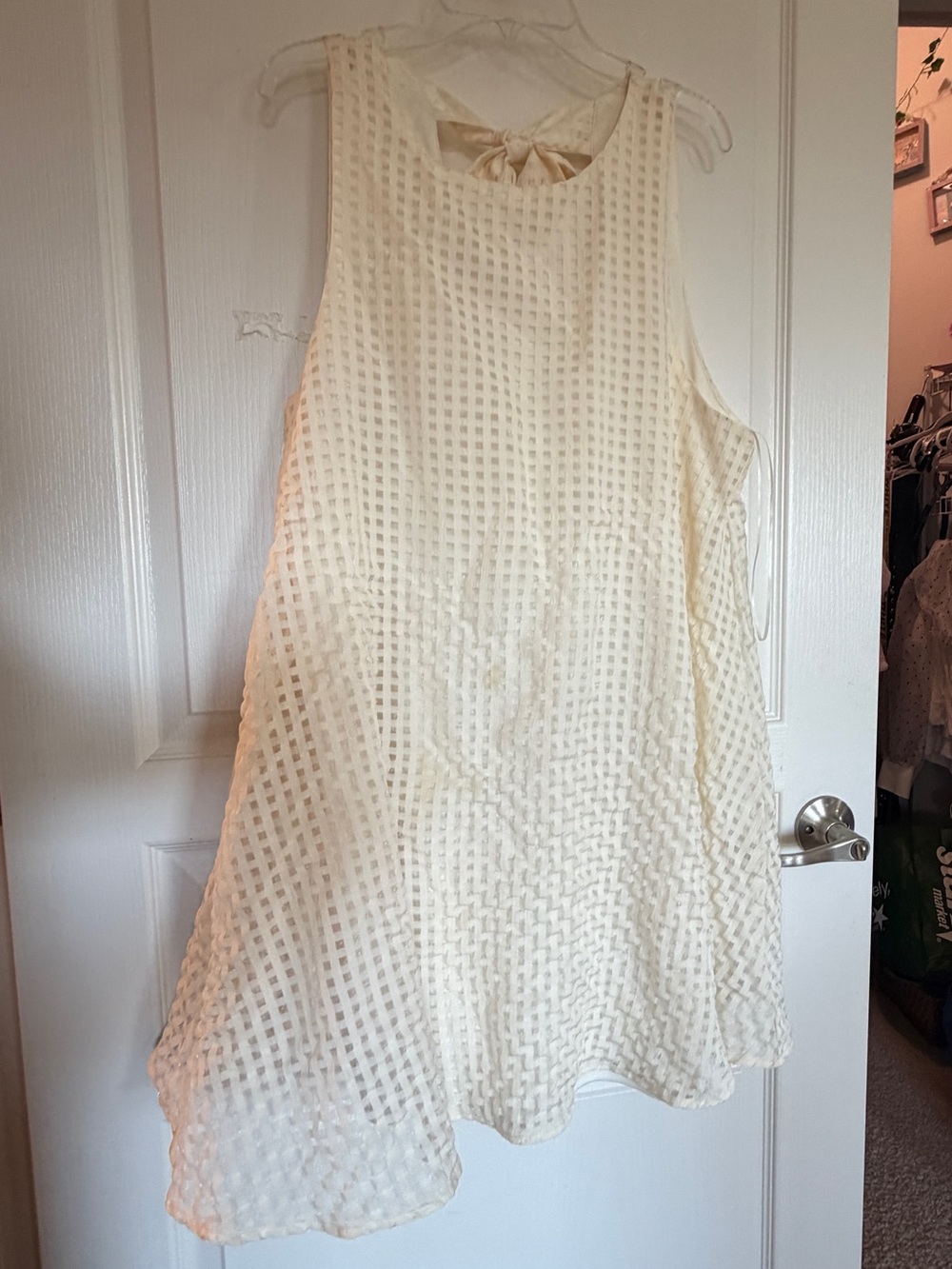 Cream gingham checkered dress with bow tie detail